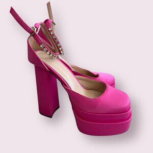 PINK Satin Platform Ankle Strap Heels Size 37 / US 7